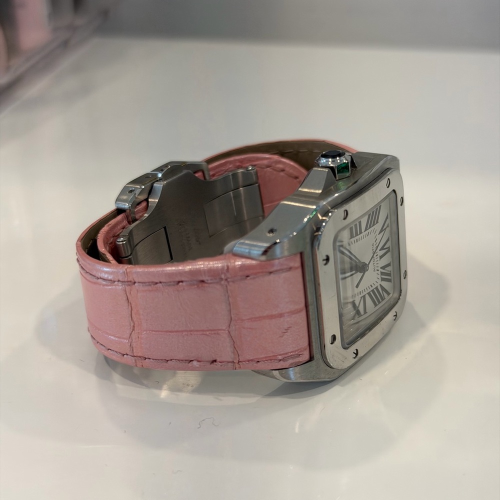 Cartier Santos Steel Watch with Pink Leather Strap